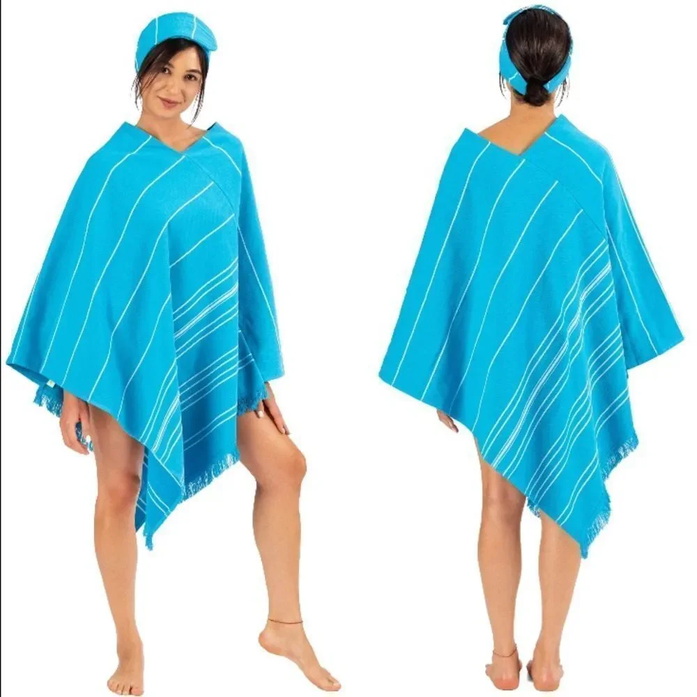 Adult Unisex Blue Striped Poncho Towel & Headband 100% Cotton Turkish Robe NEW